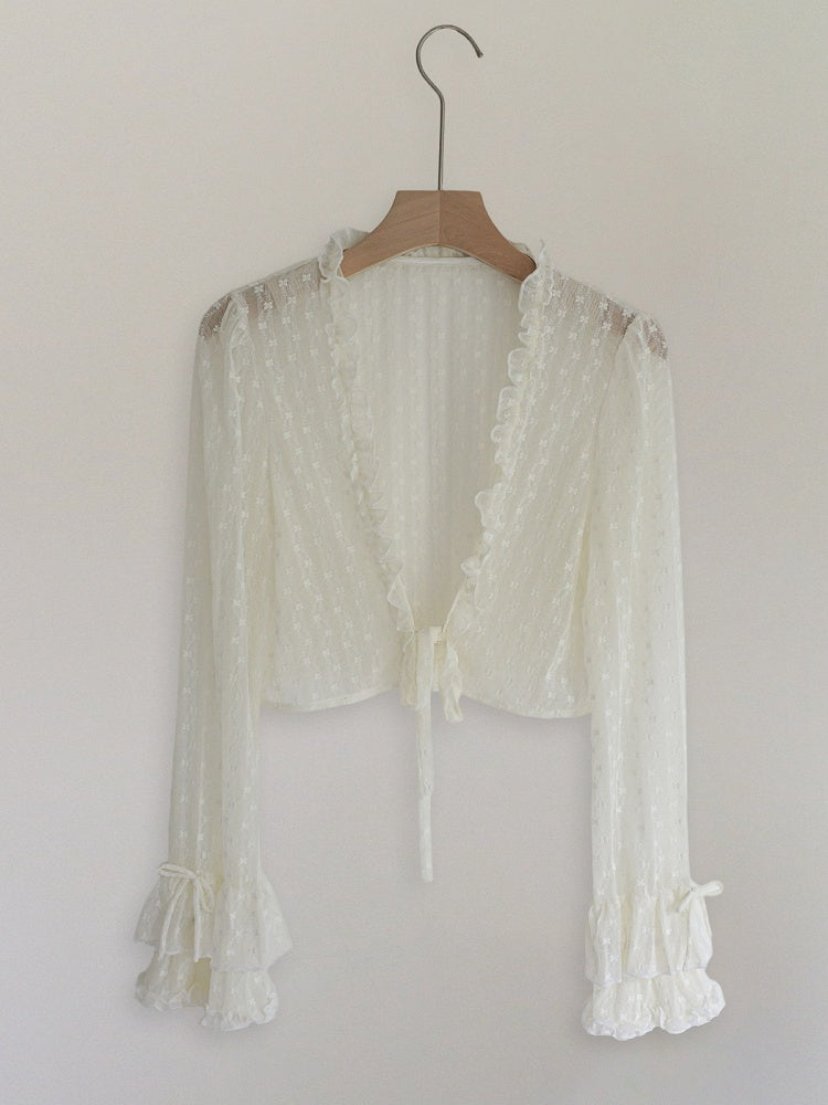 Ivory Sheer Ruffled Bolero with Bow Embellishment - Sweet Dream