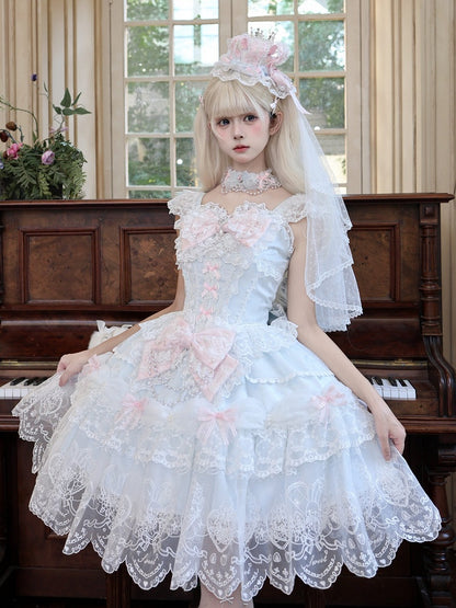 Blue Multi-Layer Lace Trim Lolita JSK with Bow and Bead Chain Decorations - White Sugar Girl