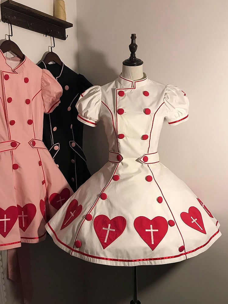 Krankenschwester Weiß Puff Rot Patches Ärmel Herz Lolita Cross Kleid