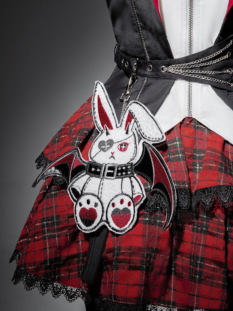 Punk Bunny Ear Hooded Coat with Diamond Tailcoat and Plaid Skirt in Black and Red - Xiong Dou Jiang