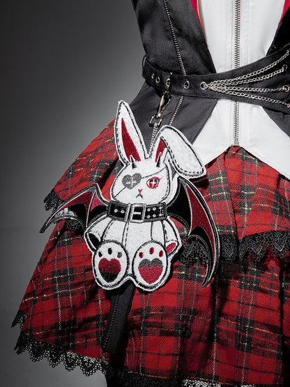 Punk Bunny Ear Hooded Coat with Diamond Tailcoat and Plaid Skirt in Black and Red - Xiong Dou Jiang