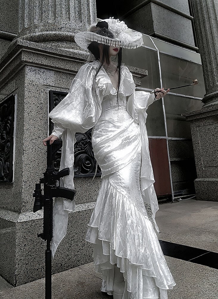 Long Ruffles Structured Lolita Shirt Sleeves V-neck White Gothic