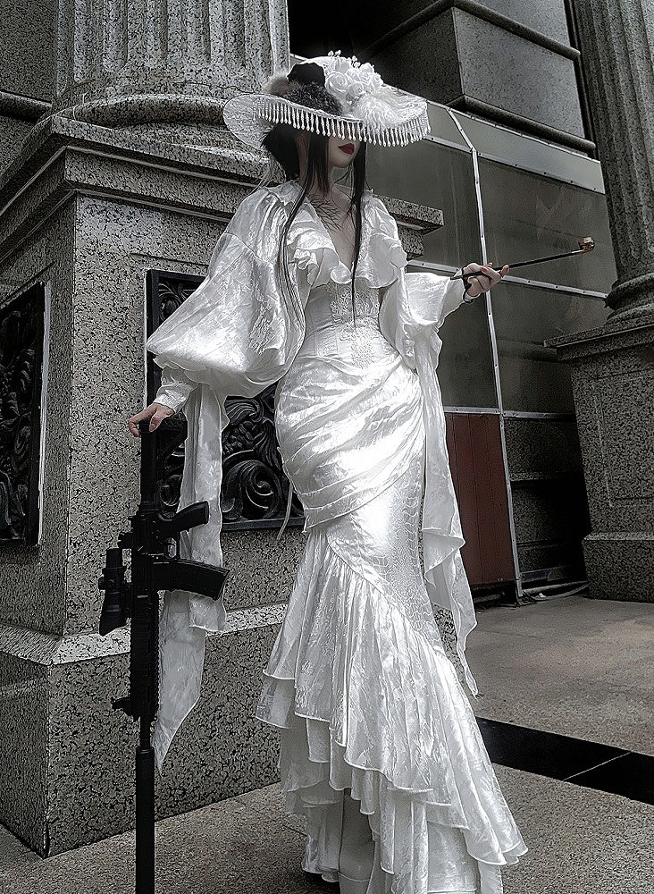 White Boned Corset High Waist Gothic Lolita Mermaid Skirt - Puppet Mind Book