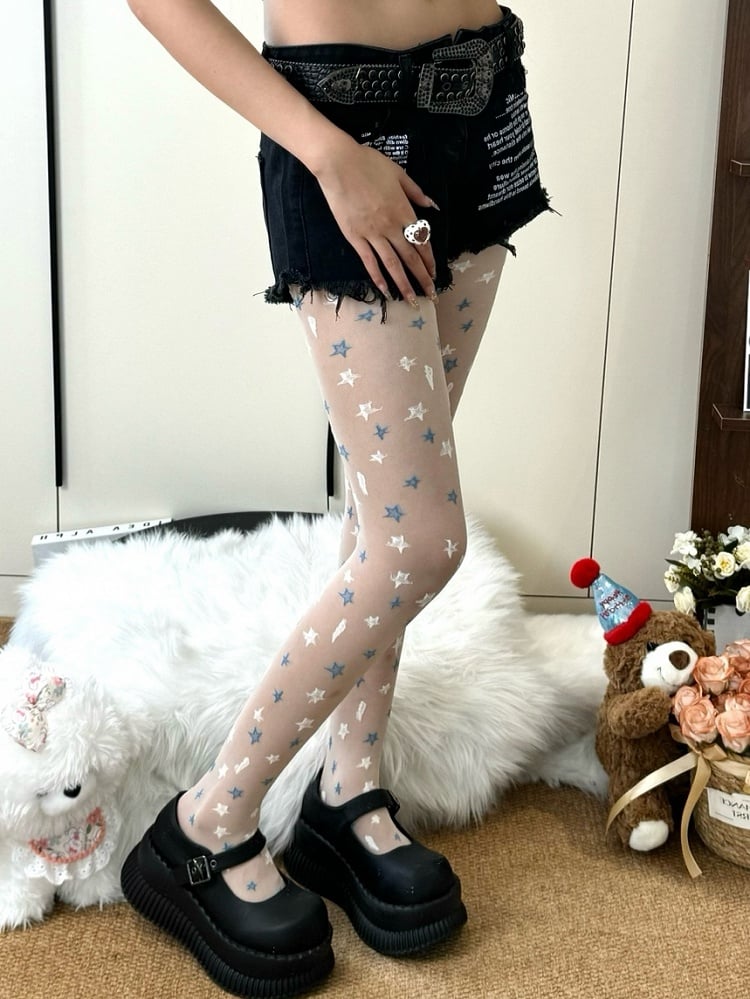 Tights And Lightning Details Star White Y2K