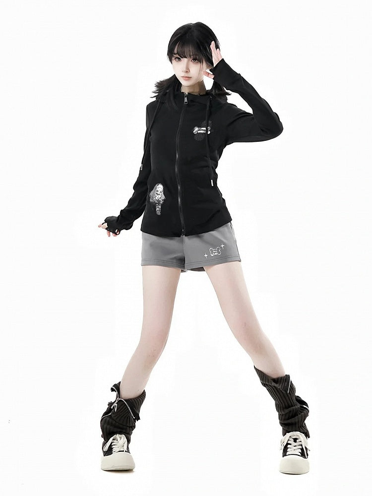 Weiße Shorts mit Knochenstickerei und Streifen in Schwarz/Grau/Schwarz