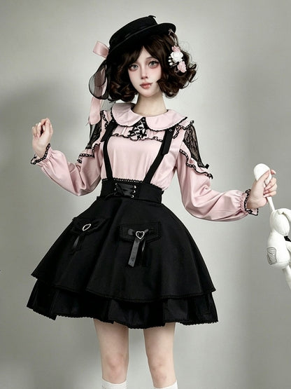 Rose Noir Peter Pan Collar Blouse with Lace Cutout Shoulders - AMAHAKAWA