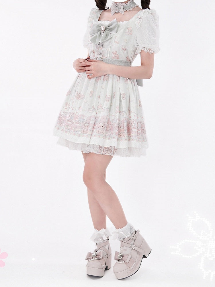 Ryousangata Style Green Bear Print Square Neck Short-Sleeve Dress with Lace and Bow Details - Shi Zhai Xin