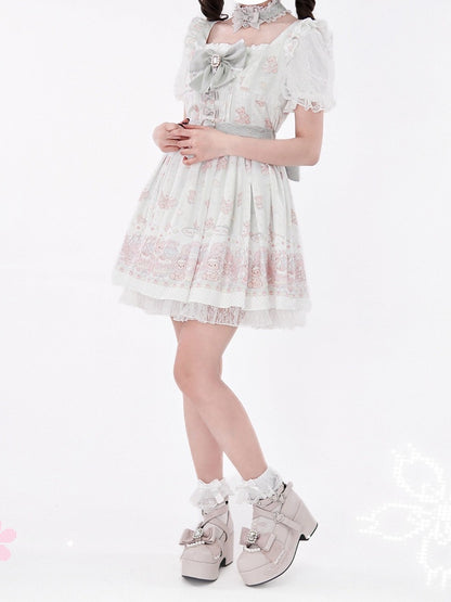 Ryousangata Style Green Bear Print Square Neck Short-Sleeve Dress with Lace and Bow Details - Shi Zhai Xin