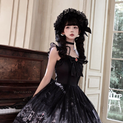 Black Midnight Ballet Gothic Lolita JSK styled with headwear