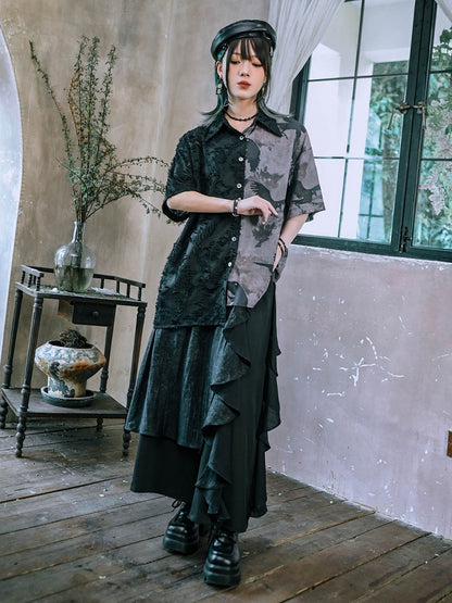 Dark Asymmetric Wide-Leg Pants with Spliced Panels - Quirky Hut