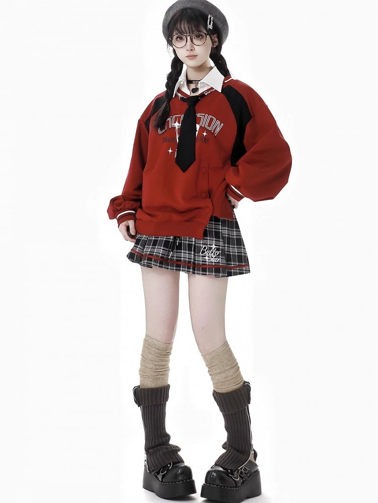 Rotes Sweatshirt im Preppy-Stil mit seitlichem Schlitz und Hemdkragen und gratis Krawatte