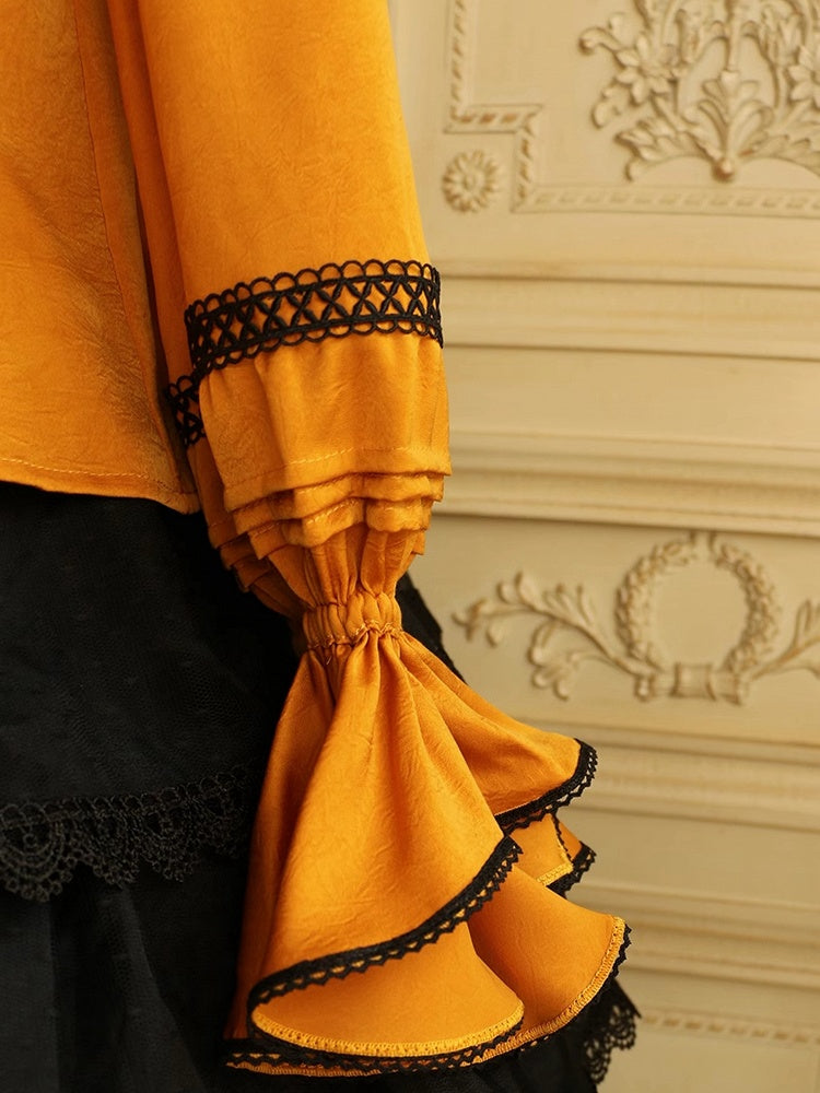 Pumpkin Orange Lace-up Structured Ruffles V-neck Long-Sleeve Blouse