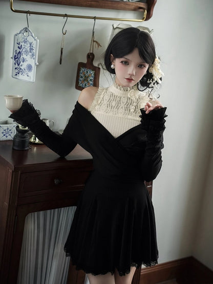 V-Neck + Short Top Hairclip Deep Sleeves Flower Knit Sleeveless Beige Black Long Dress