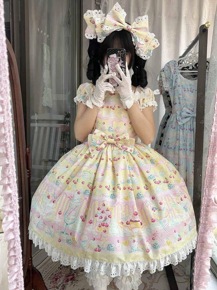 Lolita Ice Sweet Print Gelb Creme und Sommerkleid Kirsche