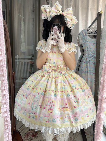 Lolita Ice Sweet Print Gelb Creme und Sommerkleid Kirsche