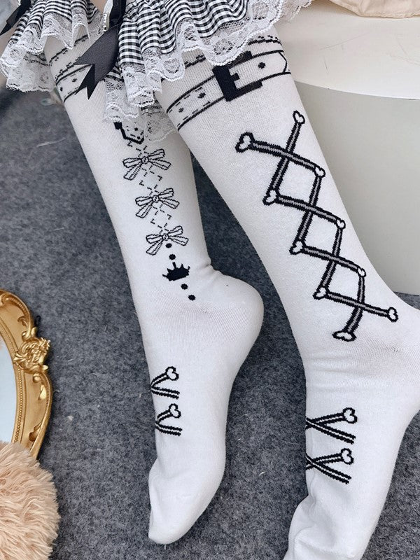 White Cuffs Ruffled Black Underknee Print With Bowknot Lolita Striped Stockings