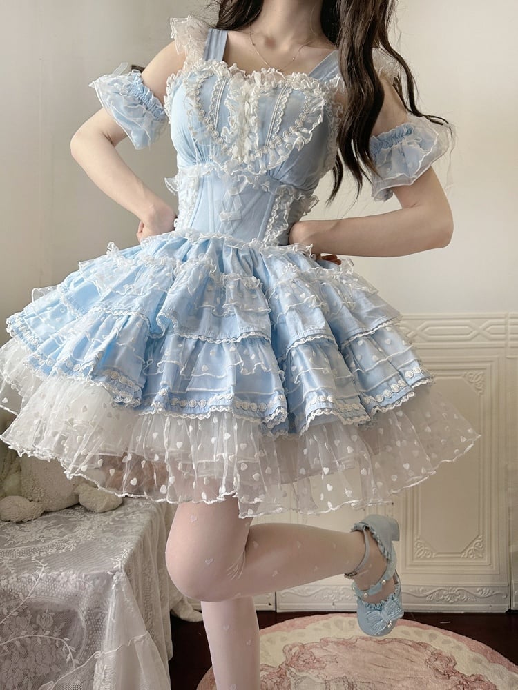 Polka-dot Hime Lolita Hanayome Lolita Kleid Muster Herz Blau JSK Rüschen Herz Vorne
