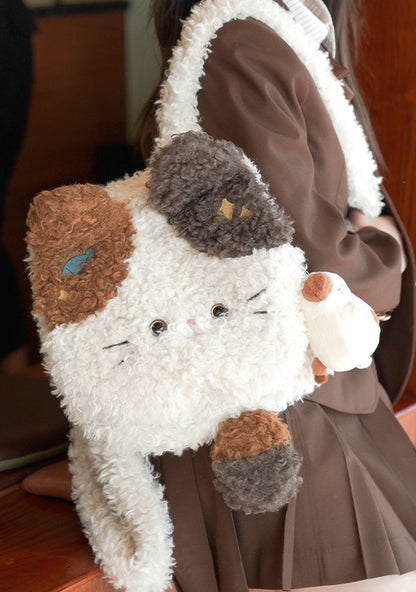 白いかわいい猫の形をしたぬいぐるみフラップバックパックバッグ