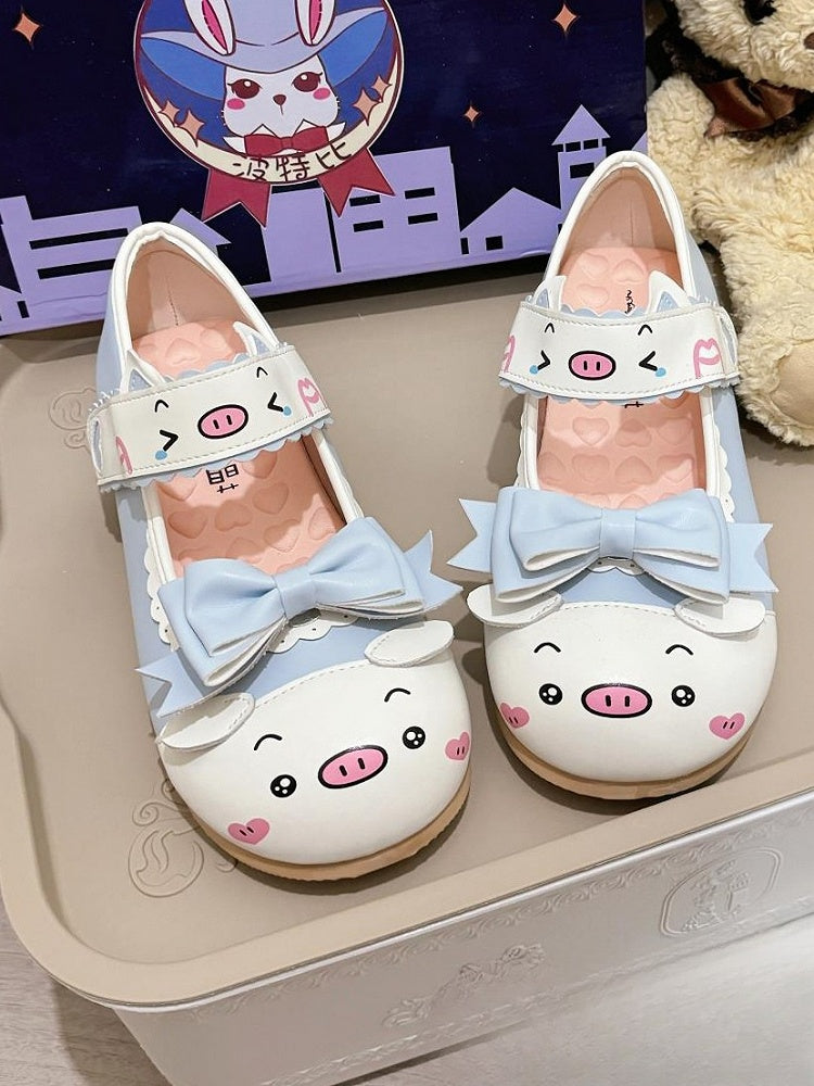 Blue Sweet Lolita Shoes - PU Leather Scalloped Hem with Bow