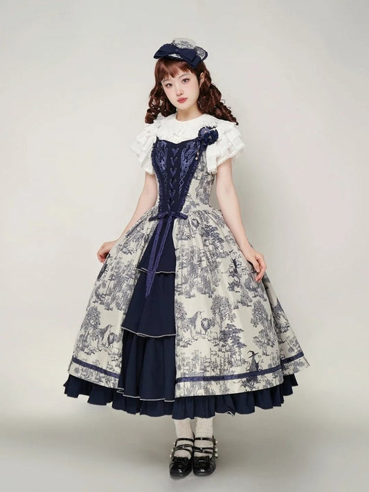 Bodice Forest Elegant Dress and Dark Corset Animals Lolita with Print Blue