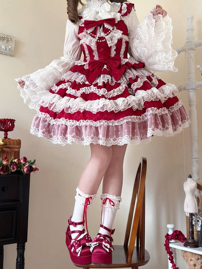 Verzierter Schleifenrock Pullover Weißes Lolita Spitzenkleid Hanayome Rote Borten