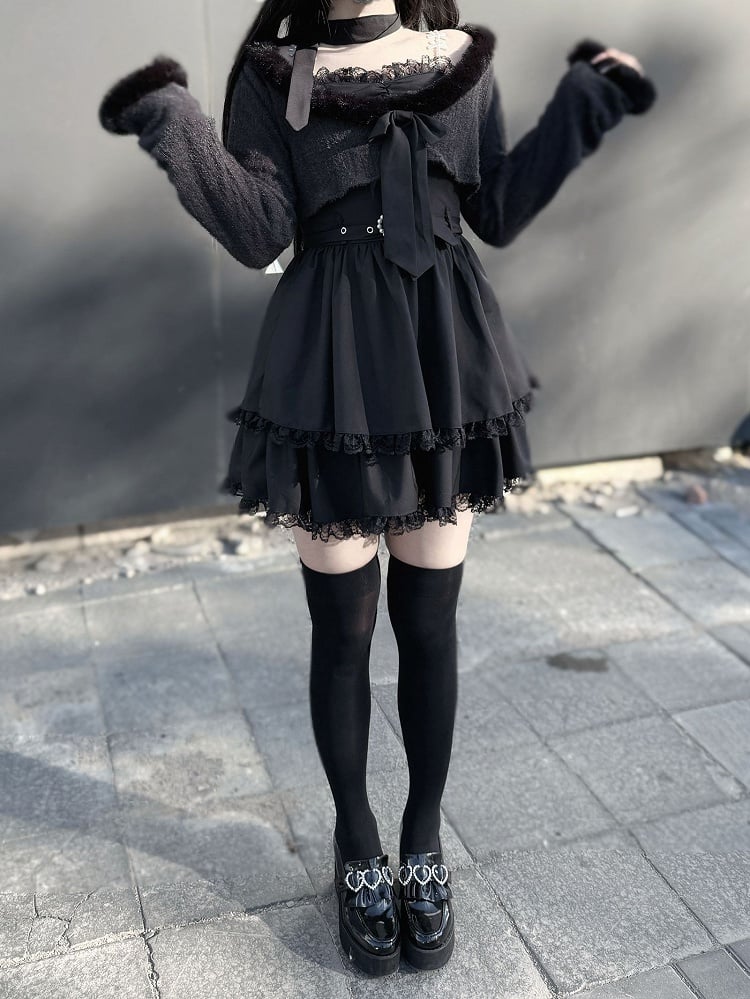 Black Cami Fuzzy Layered Long Top under Collar Belt Style Landmine Sleeve Dress Set: Heart +