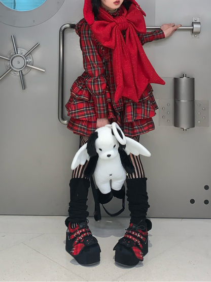 バニーシューズ ダークレッド チェックレッド オールプラットフォーム