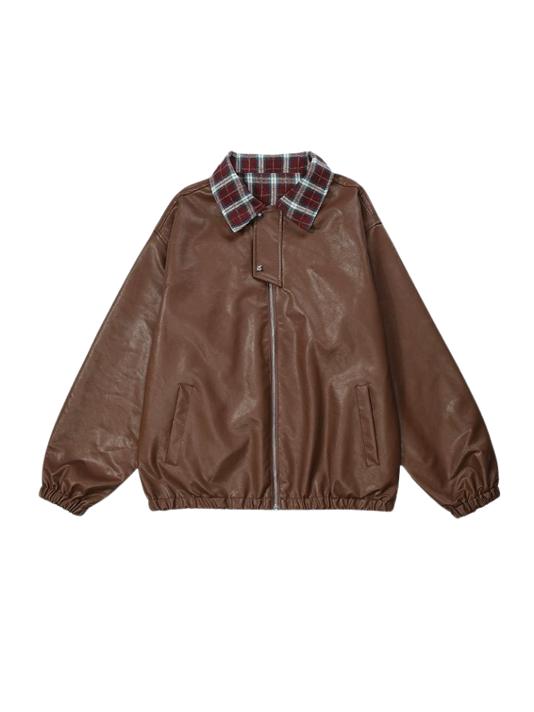 Kragen Check Retro Jacke Leder Lose Amerikanischen