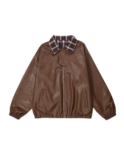 Kragen Check Retro Jacke Leder Lose Amerikanischen