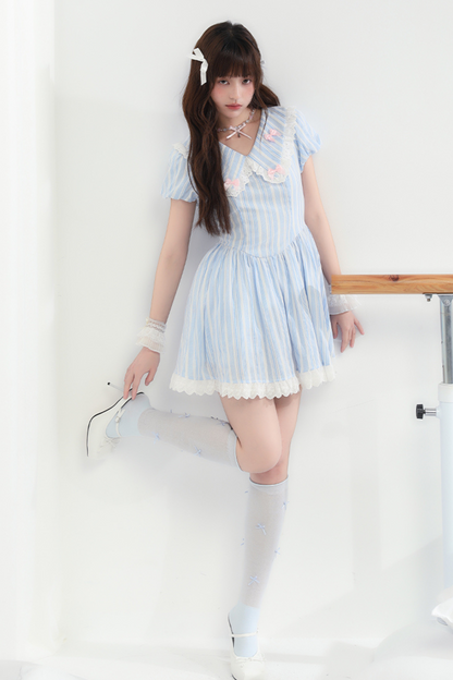 Kleid Schleife Spitze Blau Streifen