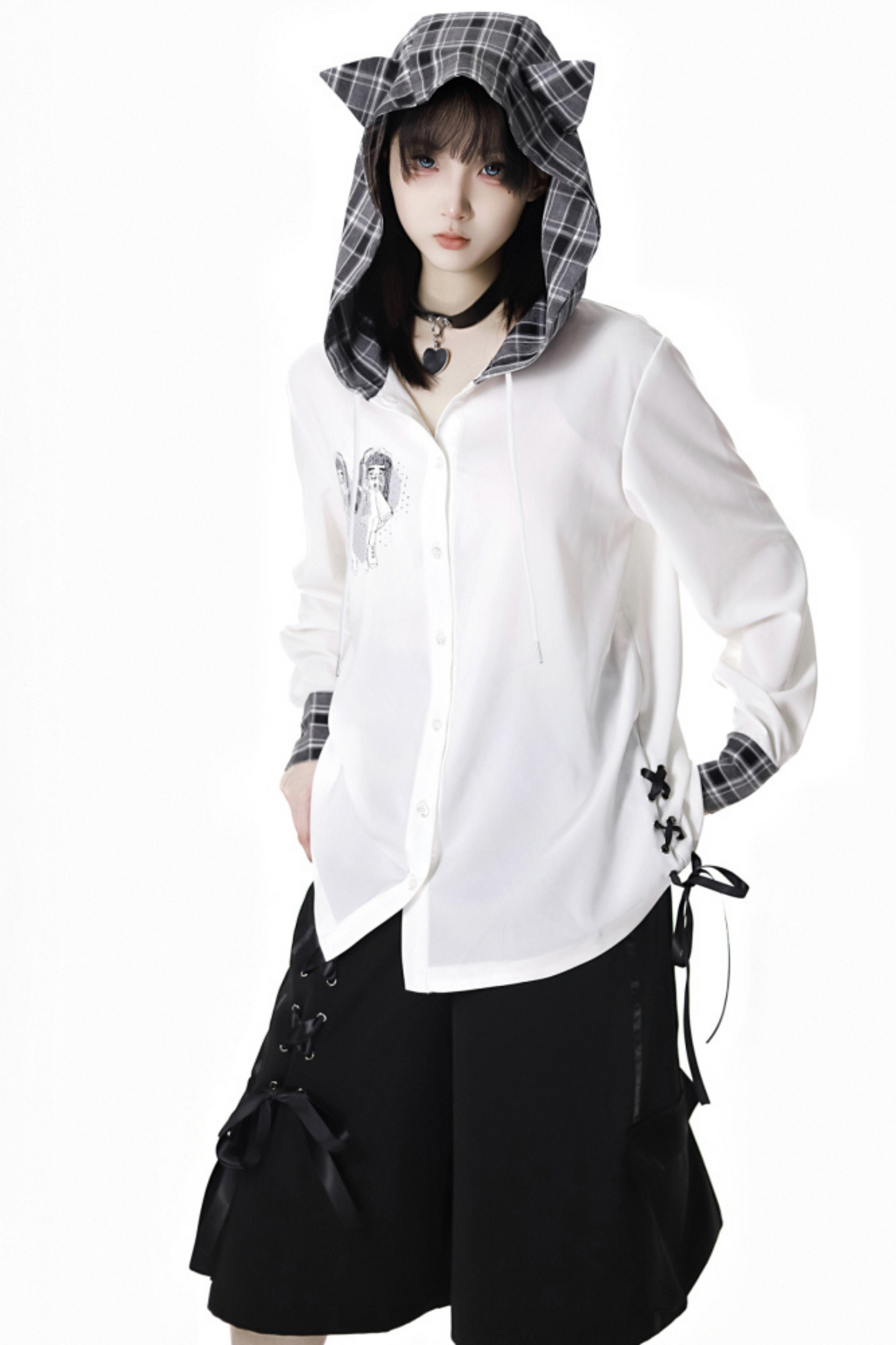 + ハーフチェックフード付きトップスパンツシャツ