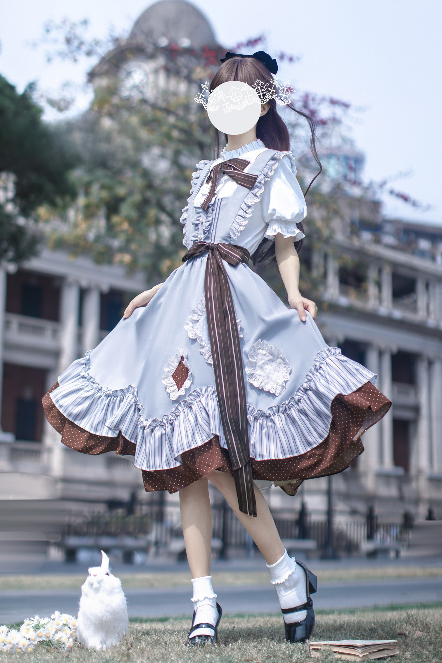 リボンシャツ レトロなヘアゴム ご予約＋ブローチ アリス風クリップスカート サスペンダー