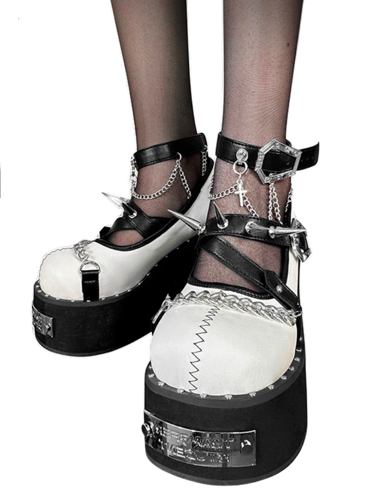 魔女パンクラウンドシューズリベットダークローズプラットフォームトゥ