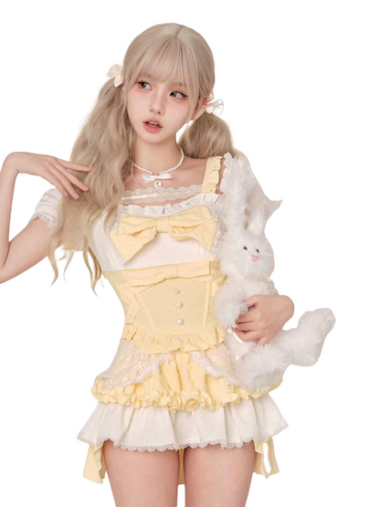 トップサンドイッチミルクイエローオフショルダーリボンスリーブスカート+パフ