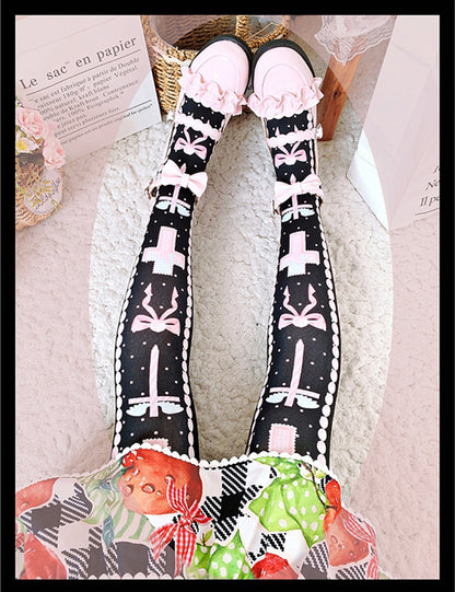 Black/Pink/Blue Sweet  Lolita Cross and Bowknot Print Overknee Stockings