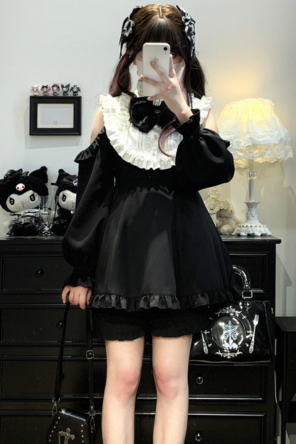 Ruffle + Princess Ribbon Top Off-Shoulder Shorts