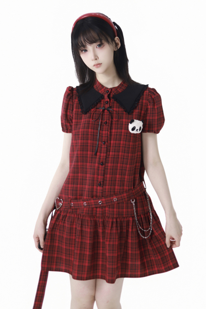 Comic Crop Top Rock Kleid Plissee Love Check Panda +