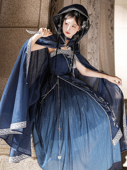 Long Night Dreamy Embroidery Chains Starry Set Blue Cloak with Butterfly + Dress Dark