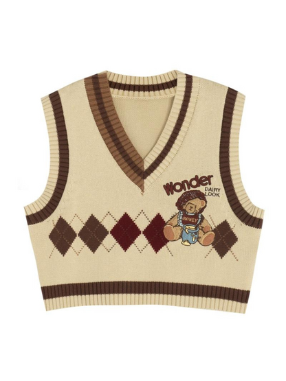 College-Strick-Karo-Zopfmuster-Anzugrock-Weste-Strick-Retro-Stil + Diamant-V-Ausschnitt