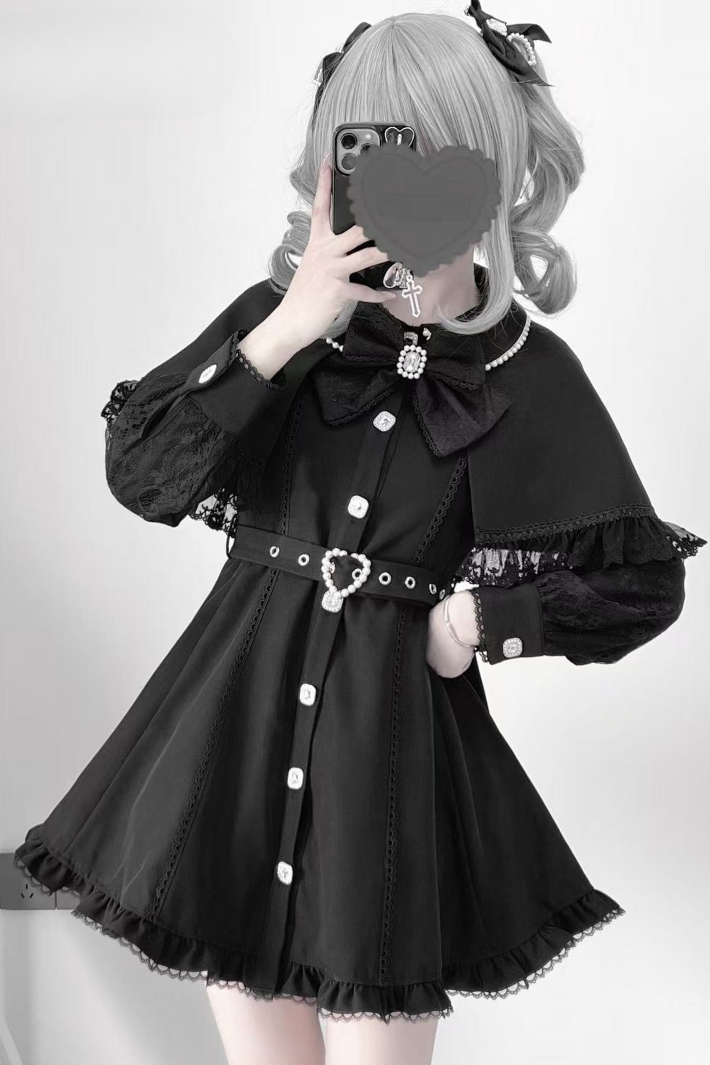 袖付きスイートレースケープドレスカラーパール