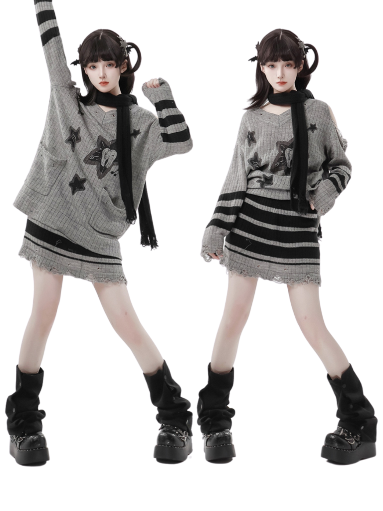 オフショルダースカート + Vネック レイジーニット