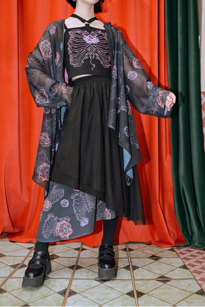 デザインアシンメトリーフローラルメッシュレイヤースカート