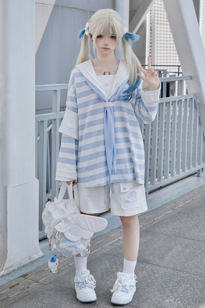 エンジェルハーフカラーセーラーアイテム予約パンツ+サブカルチャートップス近所👼ストライプ