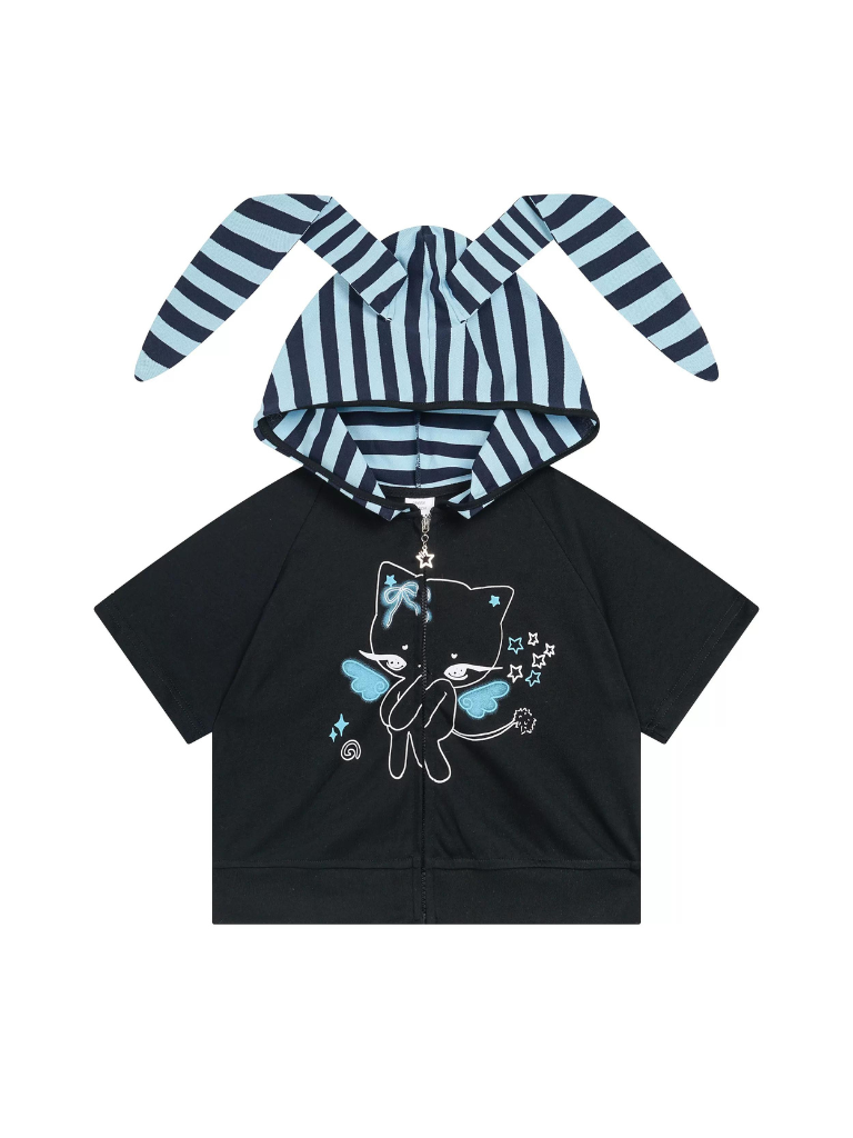 Bunny Print Short Angel Hoodie Zip Ears Cat T-Shirt