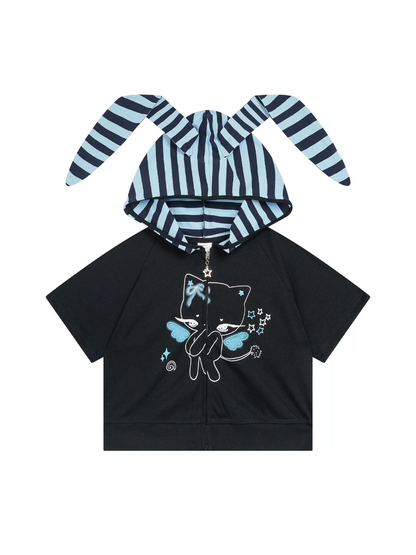 Bunny Print Short Angel Hoodie Zip Ears Cat T-Shirt