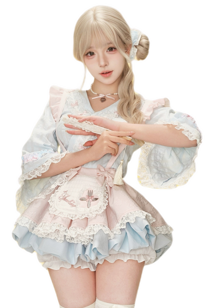 サスペンダーブルーチェリースタイル和フロスティングトップスカート+