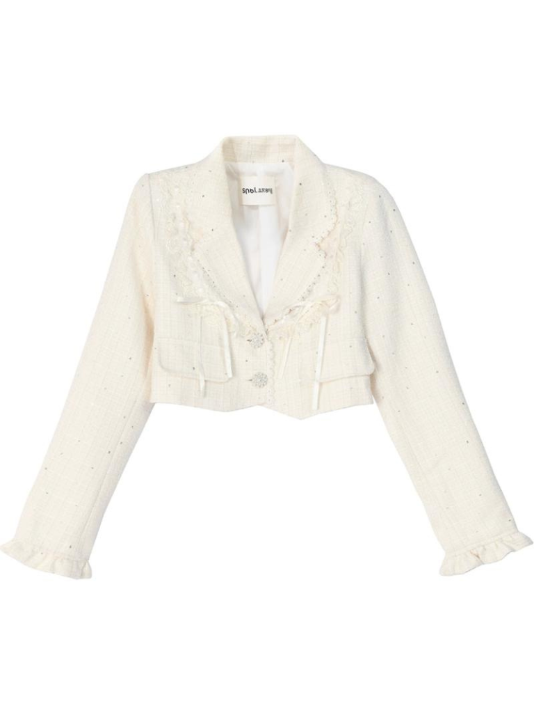 Set-up + Short Frilled Skirt Tweed Lace-up Jacket Pleated