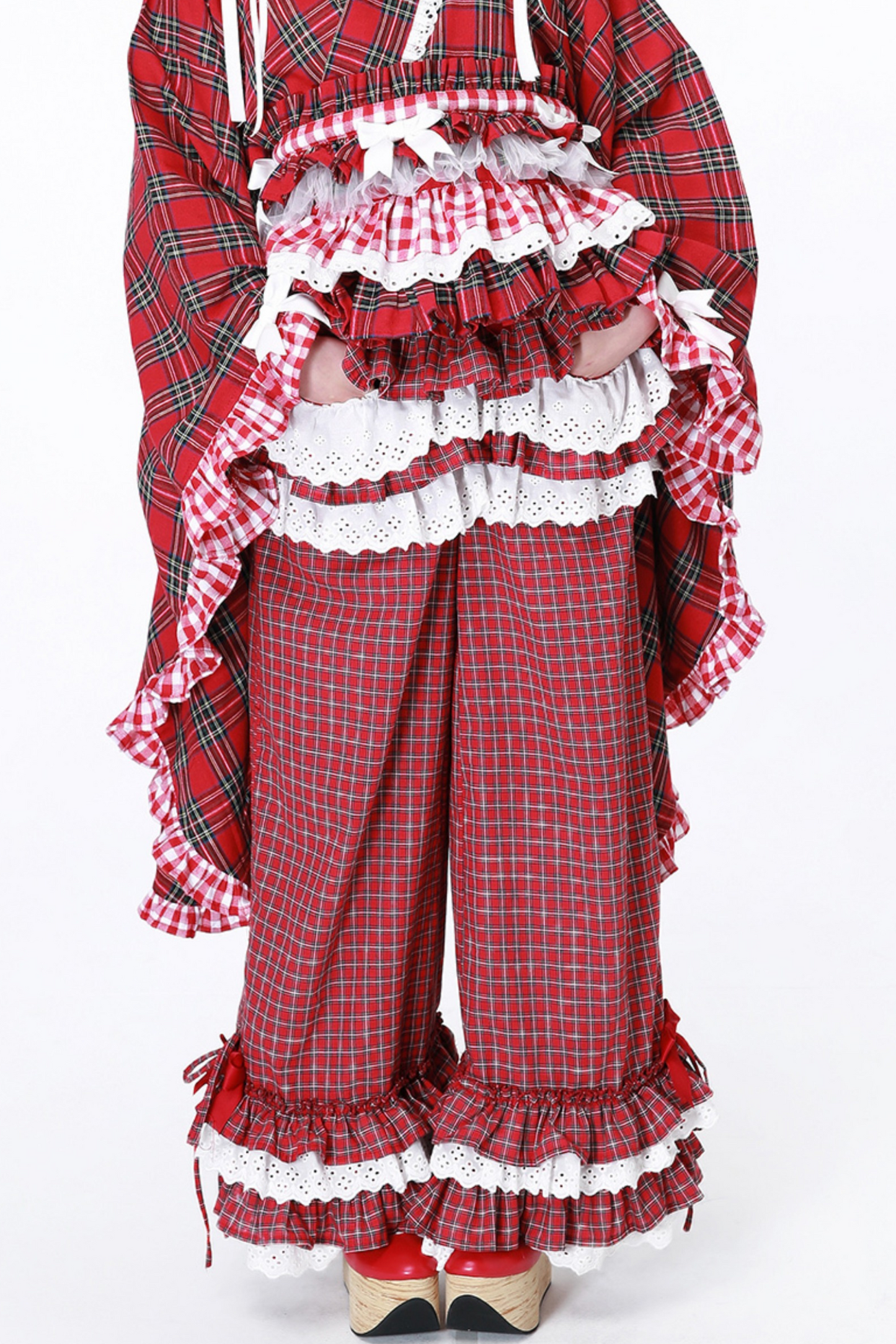 Karierte Retro-Lange Hose mit Spitzenrüschen