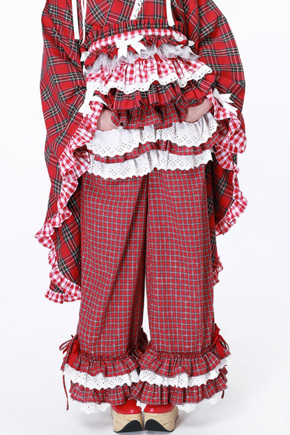 Karierte Retro-Lange Hose mit Spitzenrüschen