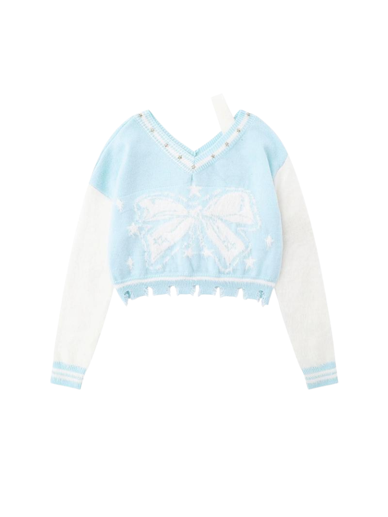 ショートリボンVネックアメリカンカラーブロックニットスター